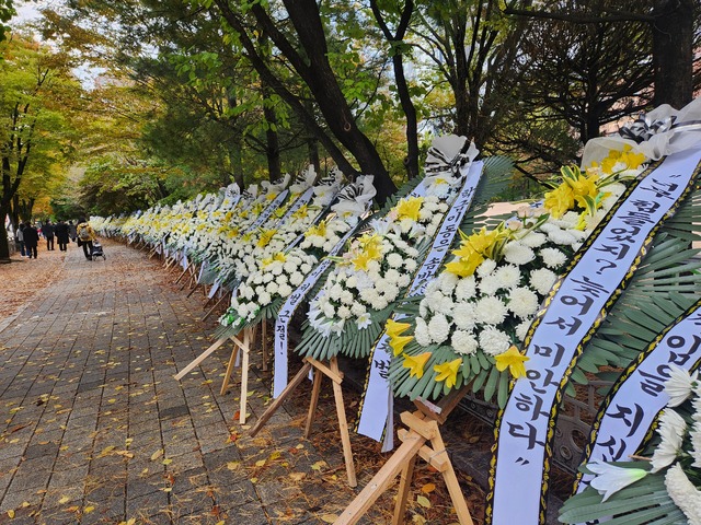 ▲ 성남시 분당 한 초등학교 앞에서 근조화환 시위가 진행 중인 모습.