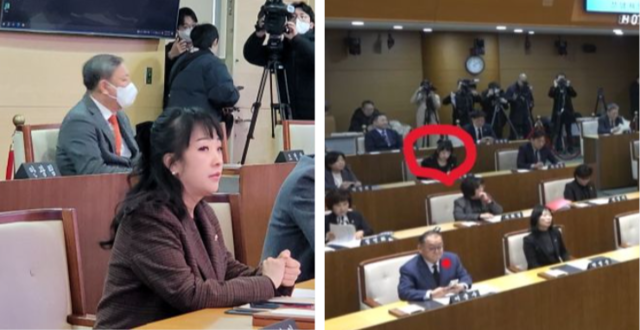 ▲ 국민의힘 탈당 후 지난해 11월 20일 열린 성남시의회 제298회 제2차 정례회 개회식 및 제1차 본회의 이영경 의원 모습(왼쪽). 오른쪽은 지난 2일 열린 제299회 임시회 개회식 및 제1차 본회의 이영경(원안) 의원 모습. /사진=인천일보 DB, 성남시의회(오른쪽)