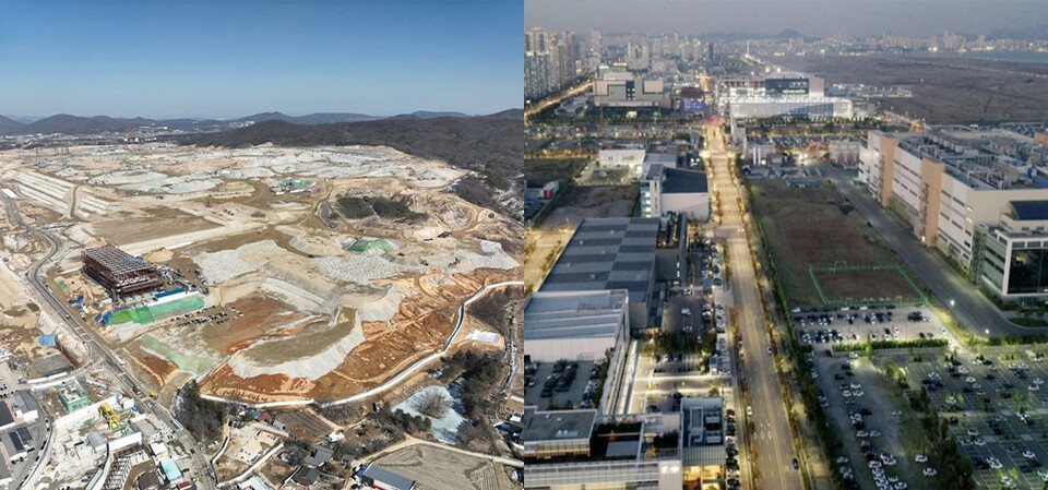 ▲ SK하이닉스 용인 반도체 클러스터 건설 현장(왼쪽). 삼성바이오, 엠코, 싸토리우스 등 업체 공장들이 입주해 있는 송도국제도시 5공구 전경 /사진제공=SK하이닉스·인천일보DB