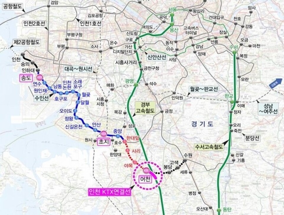 ▲ 인천발 KTX 노선도. /자료=인천시