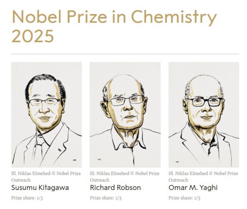 ▲ 올해 노벨화학상은 ‘금속-유기 골격체(Metal-Organic Frameworks·MOF)’라는 새로운 분자 구조를 창조한 세 명의 과학자에게 돌아갔다. /노벨위원회 홈페이지 캡처