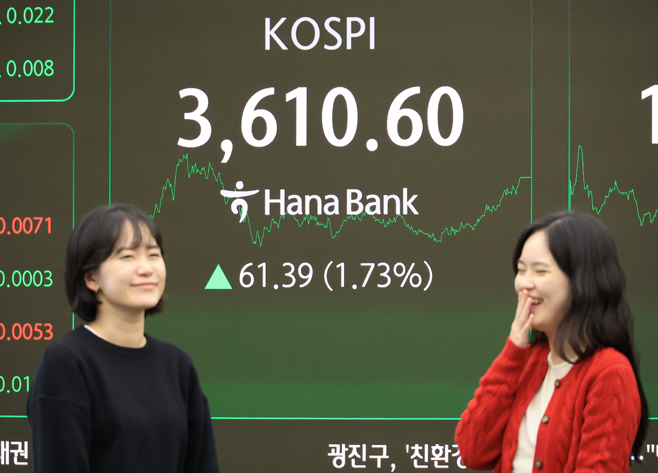 ▲ 10일 서울 중구 하나은행 본점에서 직원들이 주가 및 환율 전광판 앞에서 활짝 웃고 있다. /연합뉴스