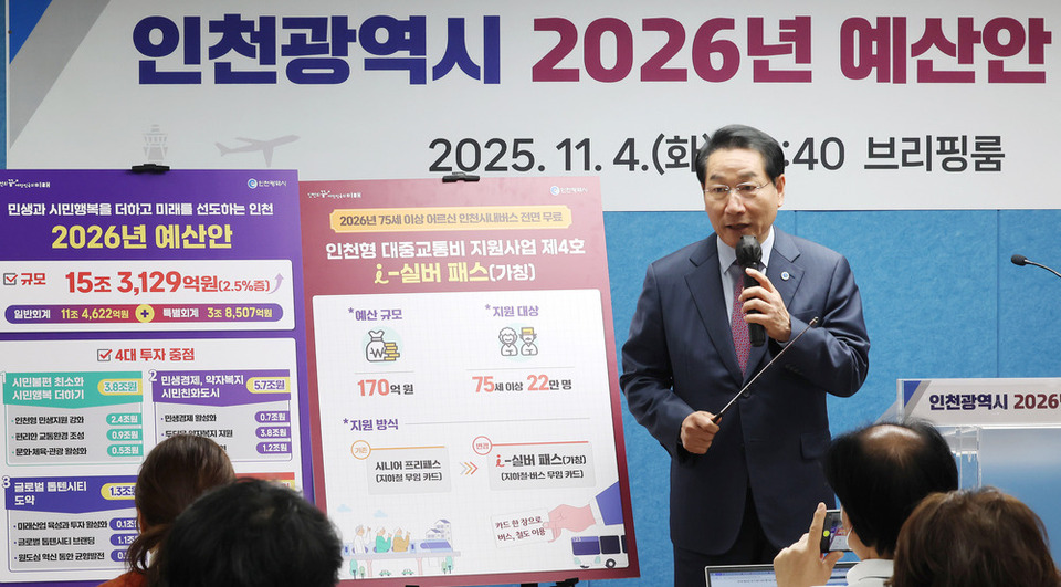 ▲ 4일 인천시청 브리핑룸에서 열린 '인천시 2026년 예산안 설명회'에서 유정복 시장이 예산안을 설명하고 있다. /이재민 기자 leejm@incheonilbo.com