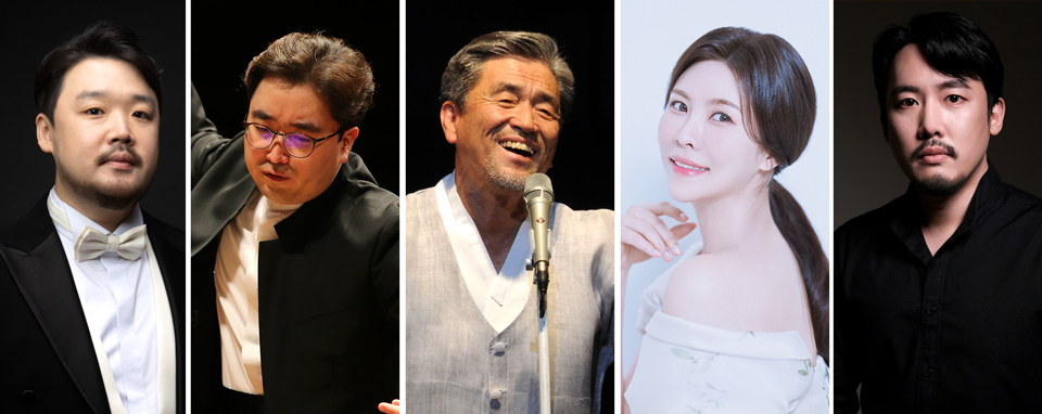 ▲ (왼쪽부터) 테너 이범주, 지휘자 김광현, 장사익, 소프라노 최정원, 바리톤 김성결