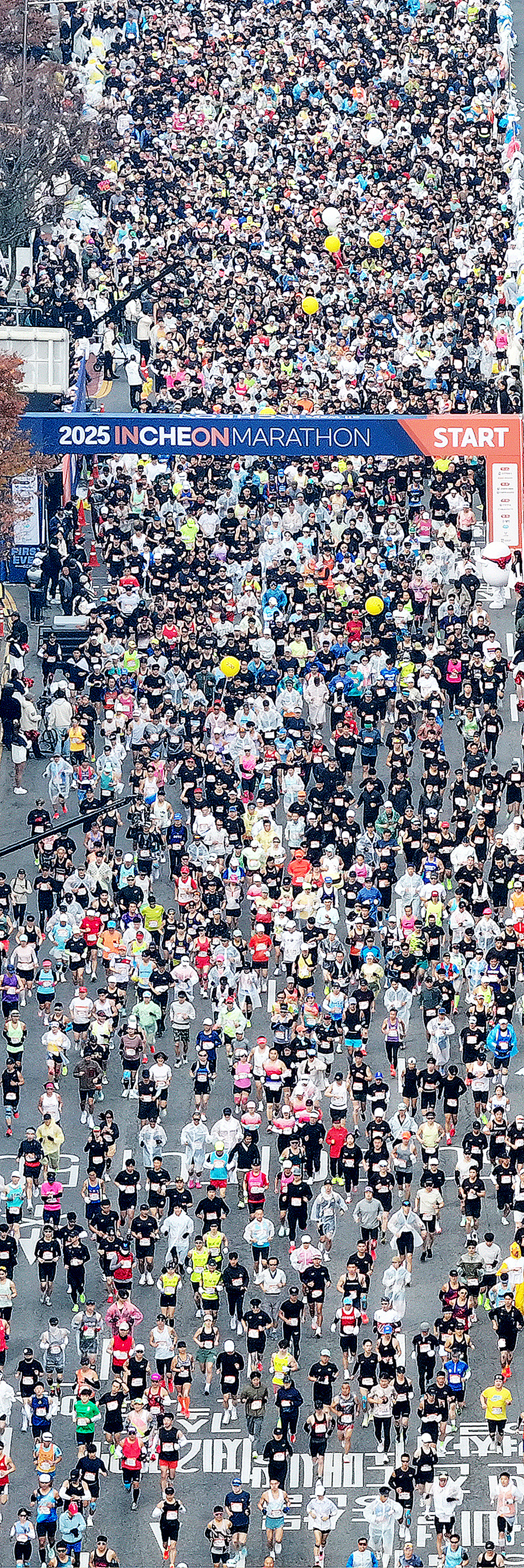 ▲ 23일 인천 미추홀구 문학경기장에서 열린 &#39;2025 인천마라톤&#39;에 참가한 마라토너들이 힘차게 출발하고 있다. 42.195㎞ 풀코스로 진행된 이번 대회에 참가한 마라토너들은 인천시청과 아트센터 인천, 송도국제도시, 문학경기장 등 주요 명소를 잇는 코스를 달리며 가을빛 도심을 가로질렀다.▶관련기사 2·3·7·13면 /양진수 기자 photosmith@incheonilbo.com