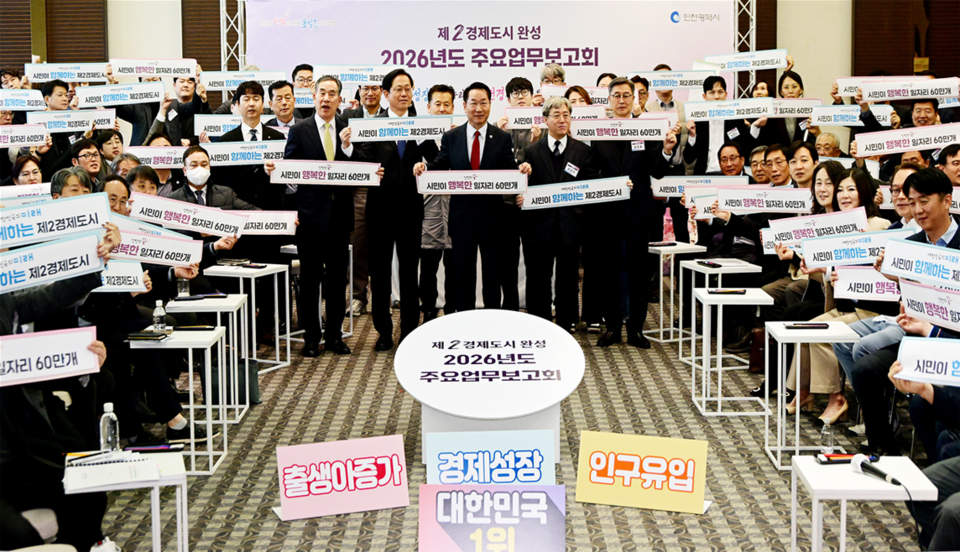 ▲ 지난 18일 인천 연수구 미추홀타워에서 ‘민선 8기 지역 일자리 60만개 달성 비전 선포식’이 진행되고 있다. 사진은 유정복 인천시장 등 참석자들이 퍼포먼스를 하고 있는 모습. /사진제공=인천시