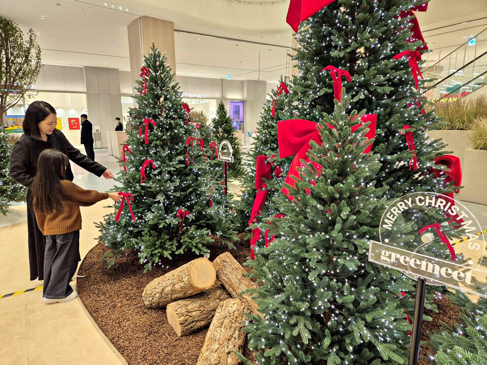 ▲롯데백화점 동탄점 1층에서 진행하는 크리스마스 트리 전문 브랜드 ‘그리밋’ 팝업스토어에서 고객들이 상품을 살피고 있다./사진제공=롯데쇼핑