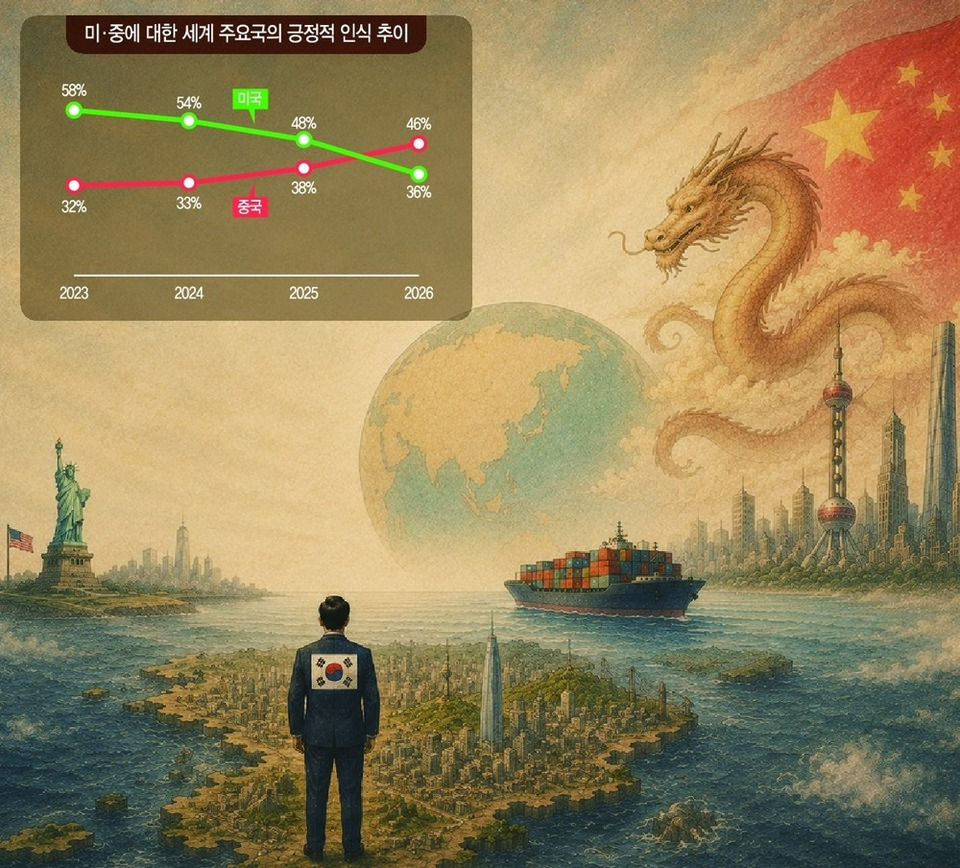 미국과 중국에 대한 세계 각국의 호감도를 지속적으로 조사해 온 퓨리서치센터(Pew Research Center)에 따르면 2026년 조사 36개 국가 가운데 25개에서 중국에 대한 긍정 평가가 미국을 앞지른 것으로 나타났다. 반면 한국의 경우 여전히 미국에 대한 호감도가 중국을 크게 앞지르고 있다. /자료=퓨리서치센터·그래픽=챗GPT생성이미지 재가공